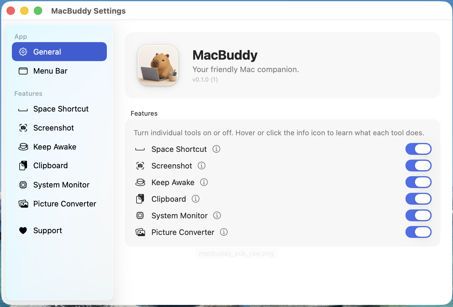 MacBuddy Settings window