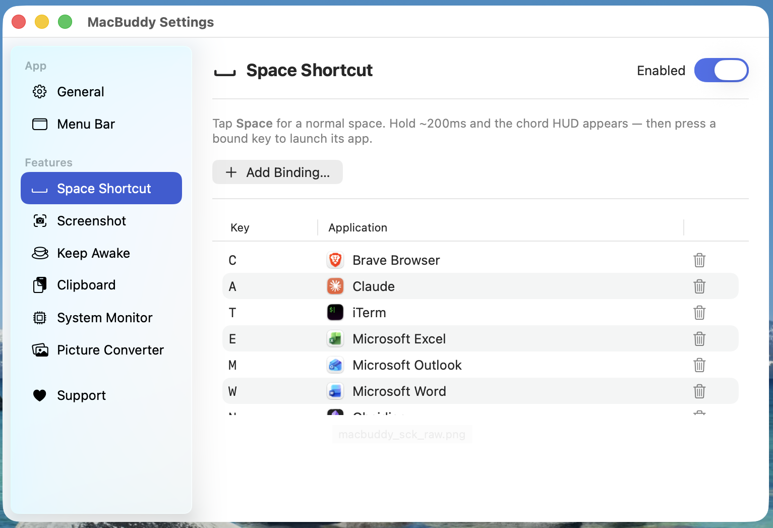 Space Shortcut bindings